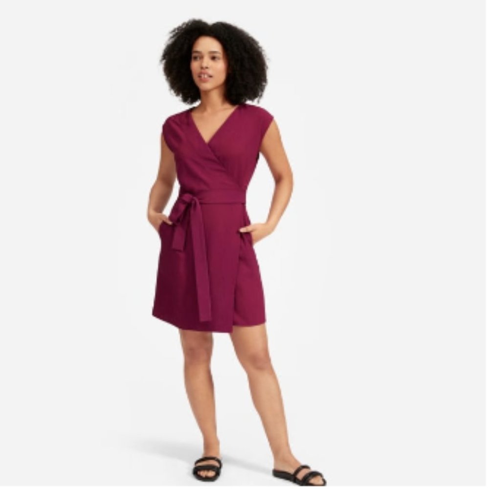Everlane The Japanese GoWeave Short-Sleeve Mini Wrap Dress in Berry size 16